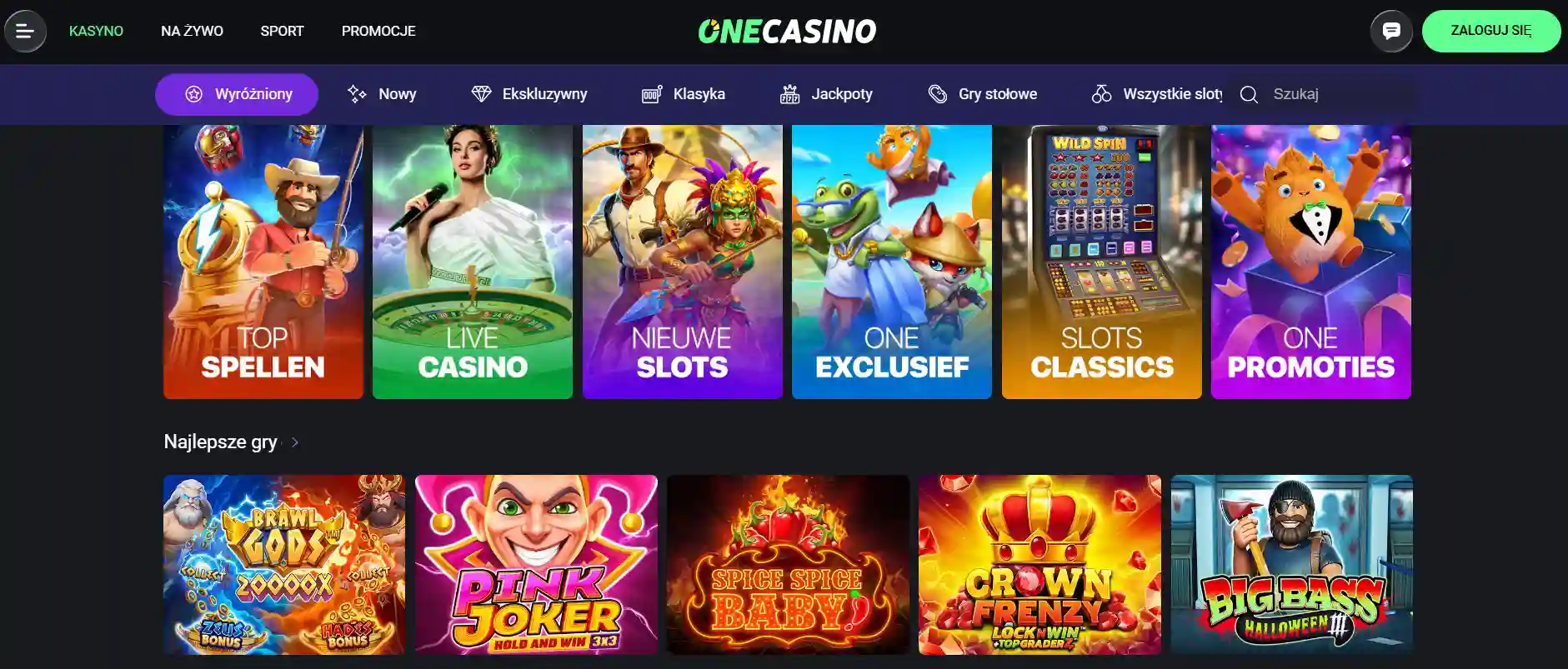 Dokumentacyjny zrzut ekranu serwisu OneCasino z nawigacją po kategoriach gier
