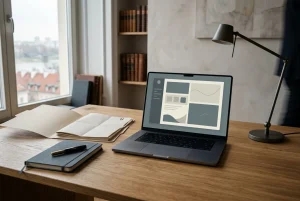 Dokumenty na biurku obok laptopa i zamkniętego notatnika